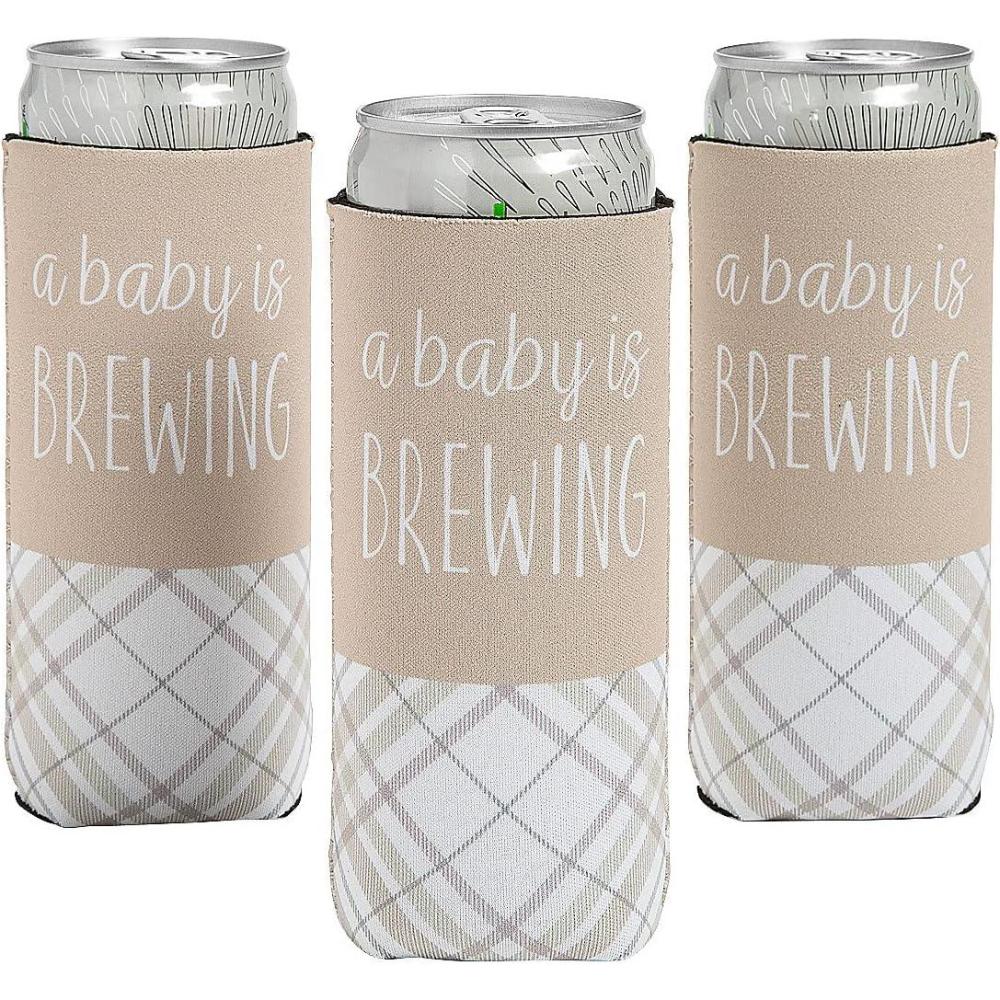 imageFun Express Premium Baby Arrival Neutral Champagne Plaid Slim Fit Can Coolers  12 Pieces