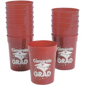 Fun Express 12 Pieces Congrats Grad Plastic Cups for Graduation, 10 oz, BPA Free Plastic, Graduation Party Supplies, Print Tableware, Print Cups, Burgundy