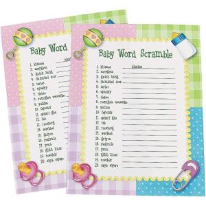 Fun Express Baby Shower Word Scramble Game for Baby, 24 Playing Sheets – Baby Shower and Gender Reveal Party Games