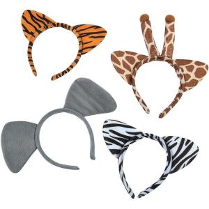 Fun Express Plush Zoo Animal Headbands w Ears (1 dozen) Jungle Party Favors and Costume Accessories, Zebra, Giraffe, Elephant &Tiger – VBS Vacation Bible School Supplies/Decor