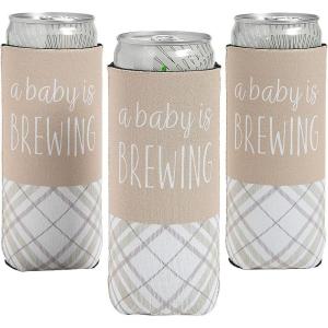 Fun Express Premium Baby Arrival Neutral Champagne Plaid Slim Fit Can Coolers – 12 Pieces