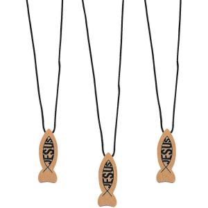 Fun Express Wooden Jesus Fish Necklaces Set – Religious Jewelry for Church VBS Sunday School Handouts & Faith-Based Events – Ideal for Spiritual Celebrations Religious Gifts and Worship – 12 Pieces