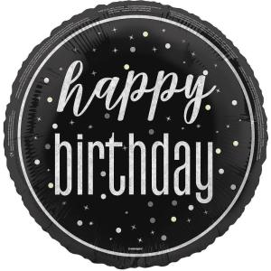 Glitzy Happy Birthday Party 18″ Black, Silver & Gold Mylar Balloon