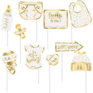 Gold Baby Shower and Gender Reveal Photo Booth Props (10 Piece Set) Party Supplies
