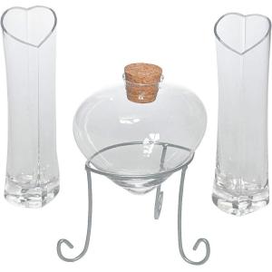 Heart Shaped Glass Sand Ceremony Set (4 Piece kit) Includes Heart Bottle with Cork, vases and a Metal Stand