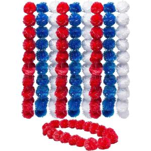 Fun Express 3 Ft. Patriotic Pom Pom Red, White & Blue Plastic Leis – 12 Pieces