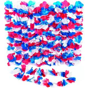 Patriotic Lei Assortment, Bulk Set of 50 – Red White and Blue Flower Leis Assortment – 4th of July and Memorial Day Supplies