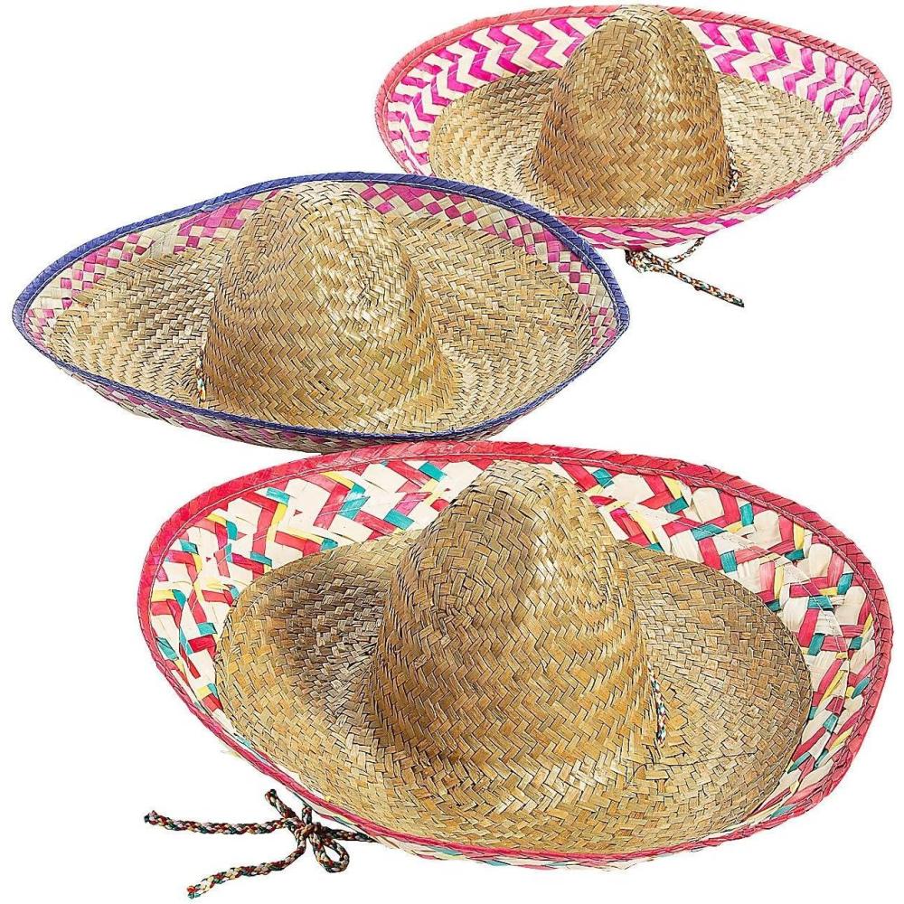 imageFun Express 3 Straw Sombrero Hats with drawstring for Adults  Adjustable Sombrero Hats Brown  Cinco De Mayo Party supplies and favors