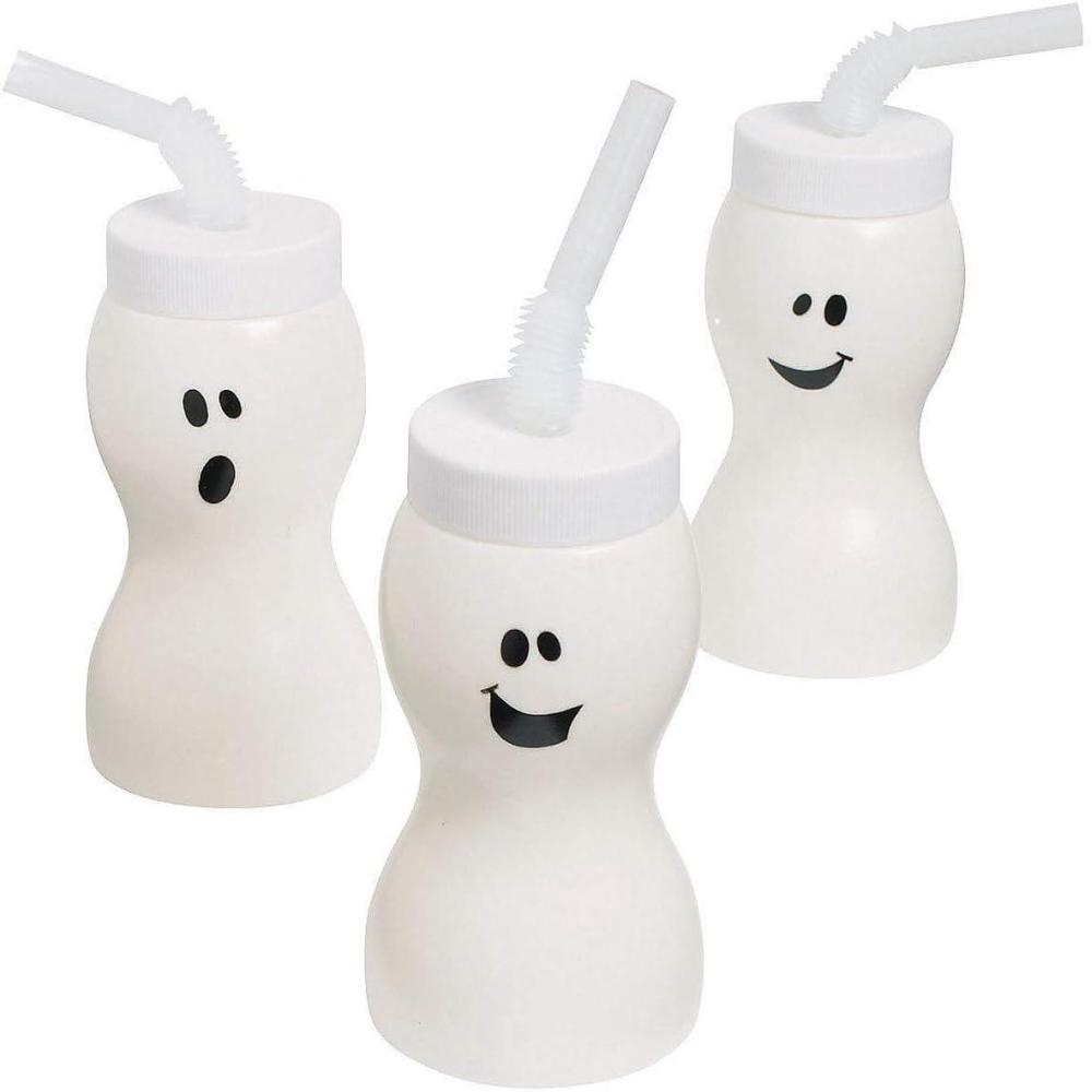 imageFun Express Set of 12 Pieces Ghost Shape Cups with Straw for Halloween Holds 8 oz BPA Free Plastic Kids Party Supplies White