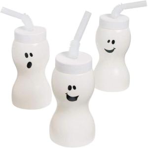 Fun Express Set of 12 Pieces Ghost Shape Cups with Straw for Halloween, Holds 8 oz, BPA Free Plastic, Kids Party Supplies, White