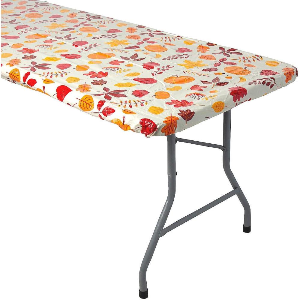 imageFun Express 30quot x 96quot Fall Fitted Rectangular Plastic Disposable Tablecloth