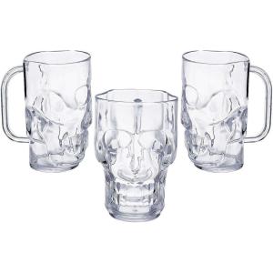 Fun Express Halloween Cups Set of 12 – Clear Skull Shaped Plastic Mugs 16oz for Halloween Party Supplies | Reusable Skeleton Cups for Adults, Day of the Dead & Pirate Birthday Parties