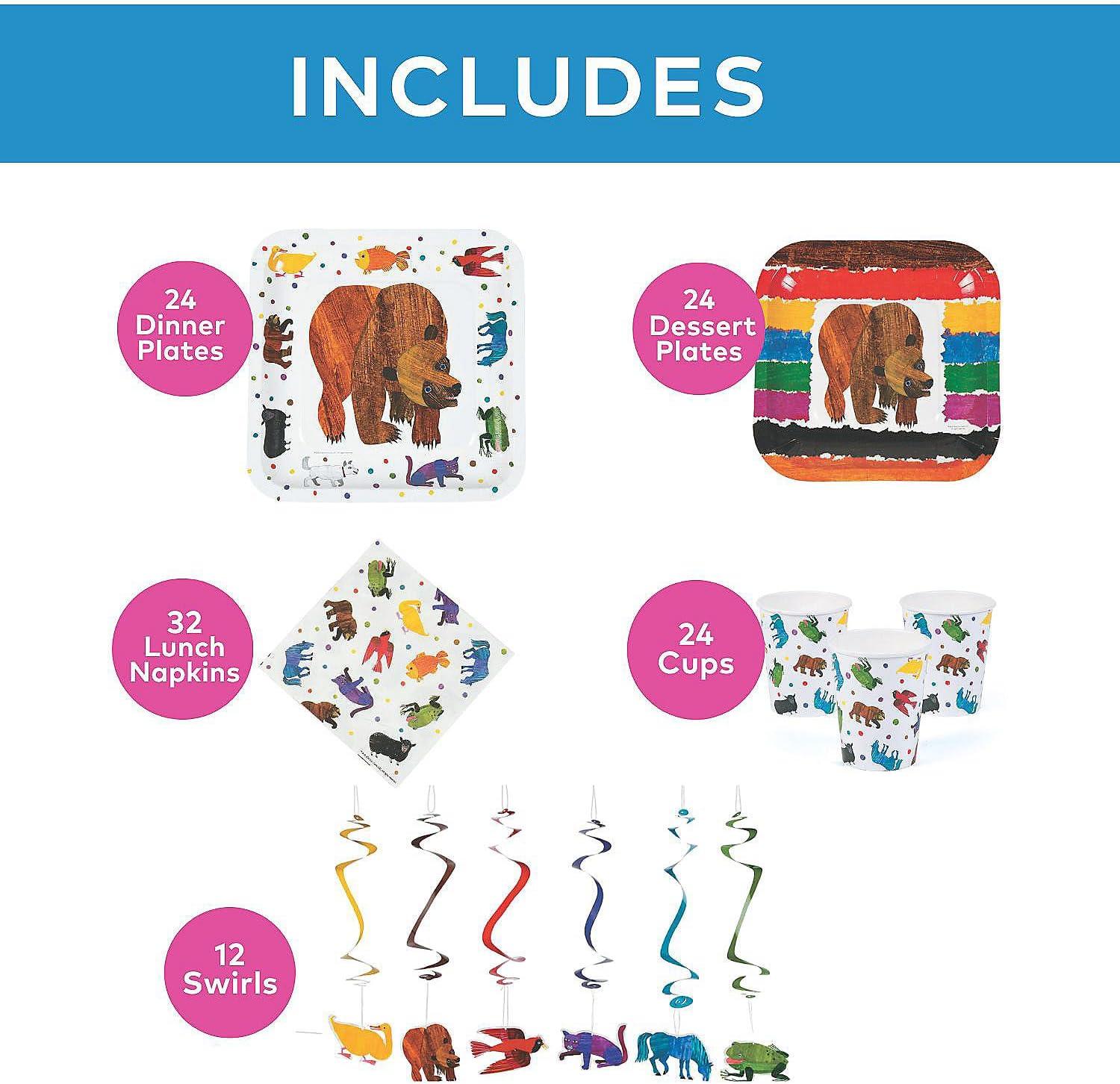 image116 Piece World of Eric Carle Brown Bear Party Disposable Tableware Kit For 24 Guests Includes Plates Napkins Cups and Ceiling Dcor