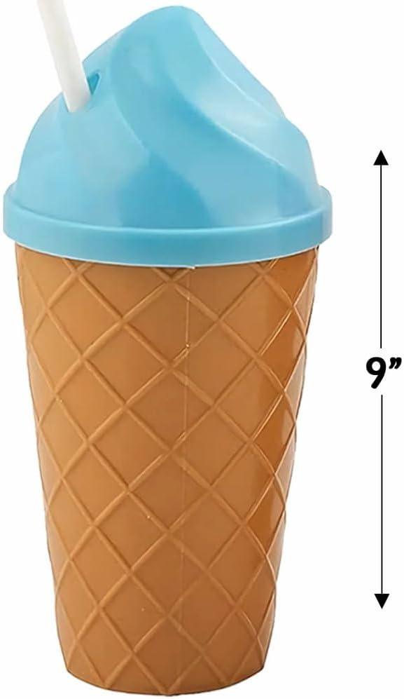 imageFun Express 12 Pieces Ice CreamShaped Cups with Straws Holds 14 oz BPA Free Plastic Birthday Party Supplies MultiColor