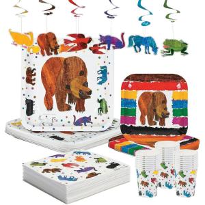 116 Piece World of Eric Carle Brown Bear Party Disposable Tableware Kit For 24 Guests, Includes Plates, Napkins, Cups and Ceiling Décor