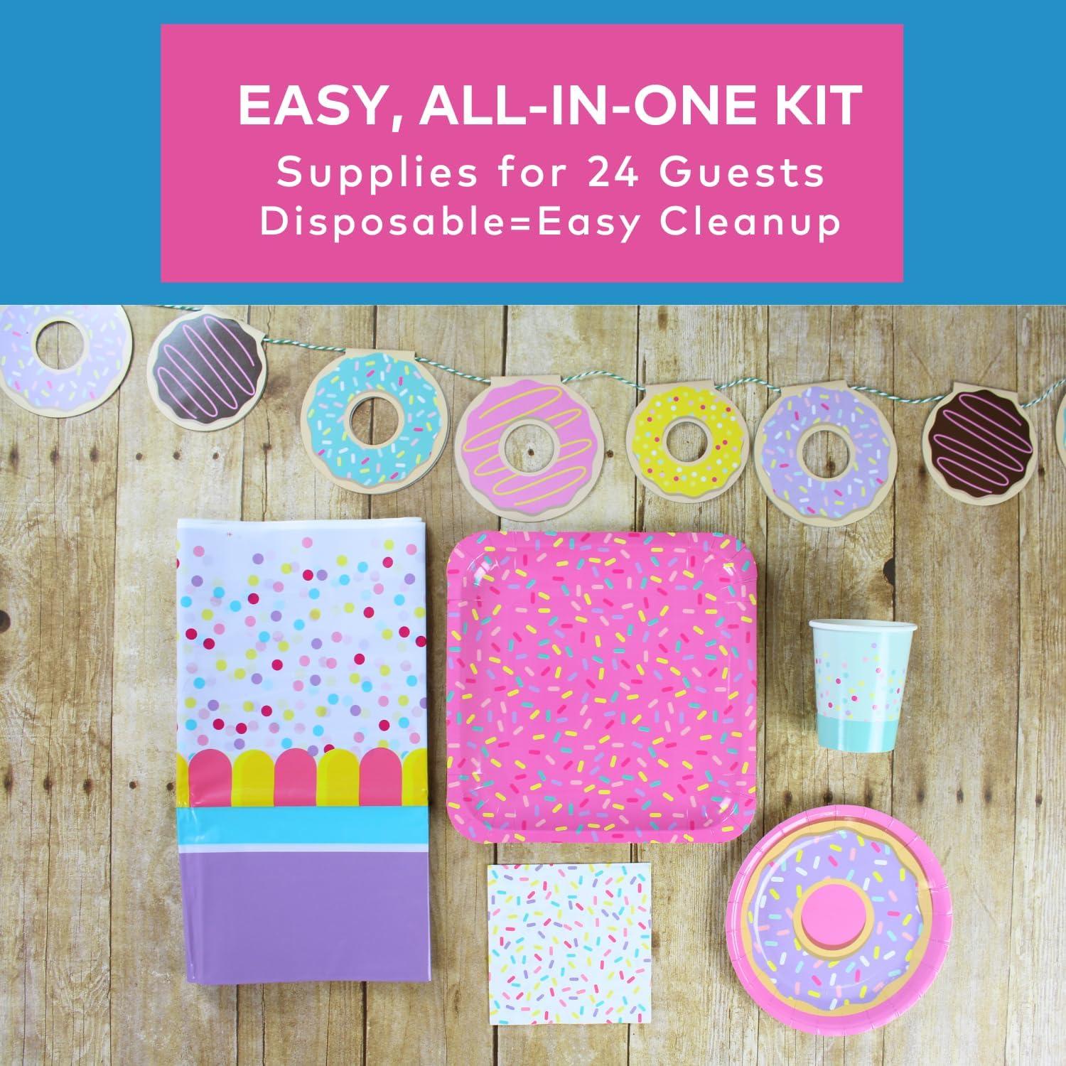 image106 Piece Donut Party Disposable Tableware Kit For 24 Guests Plates Napkins Cups Tablecover and Garland Included