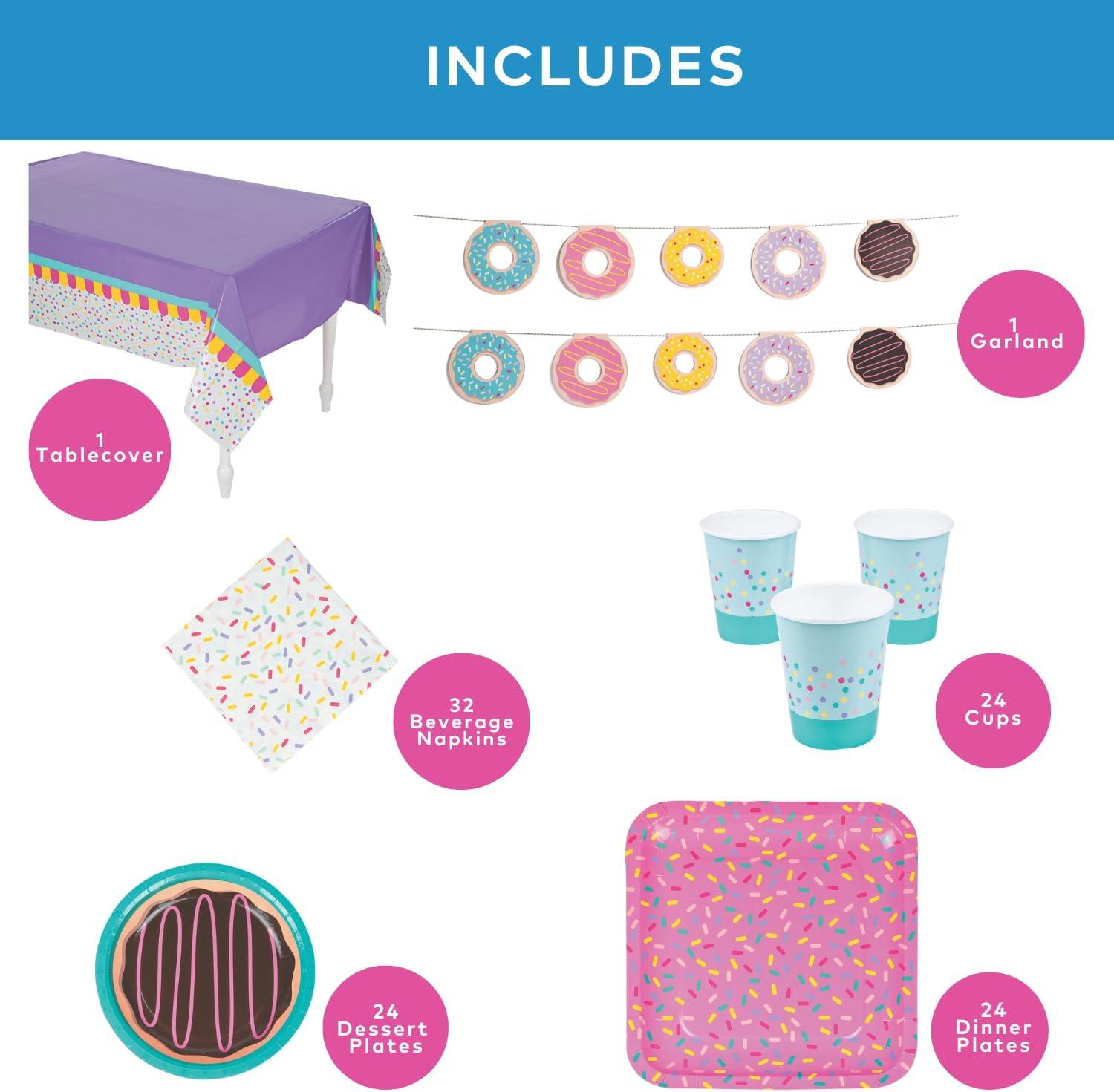 image106 Piece Donut Party Disposable Tableware Kit For 24 Guests Plates Napkins Cups Tablecover and Garland Included