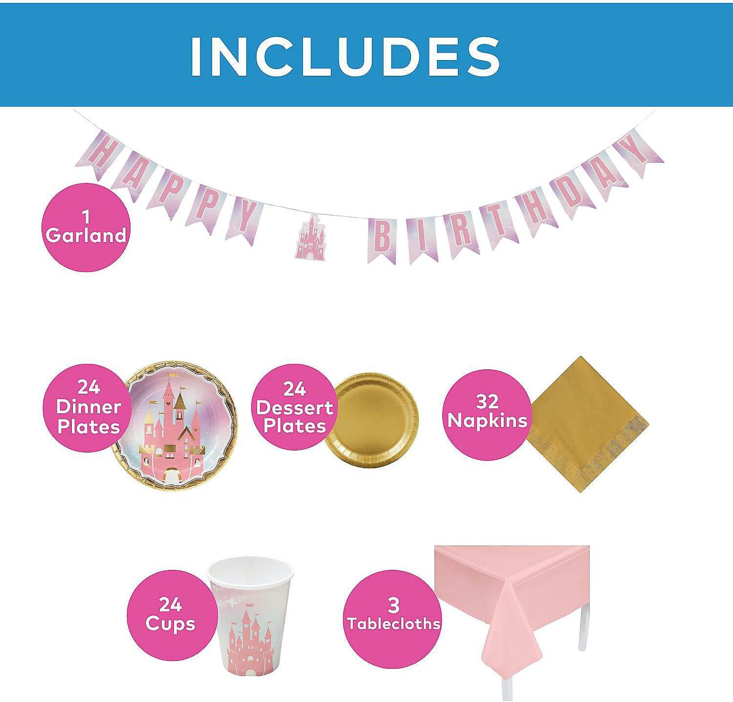 image126 Piece Princess Castle Party Disposable Tableware Kit For 24 Guests Plates Napkins Cups Garland and Tablecloth Great for Birthday Parties