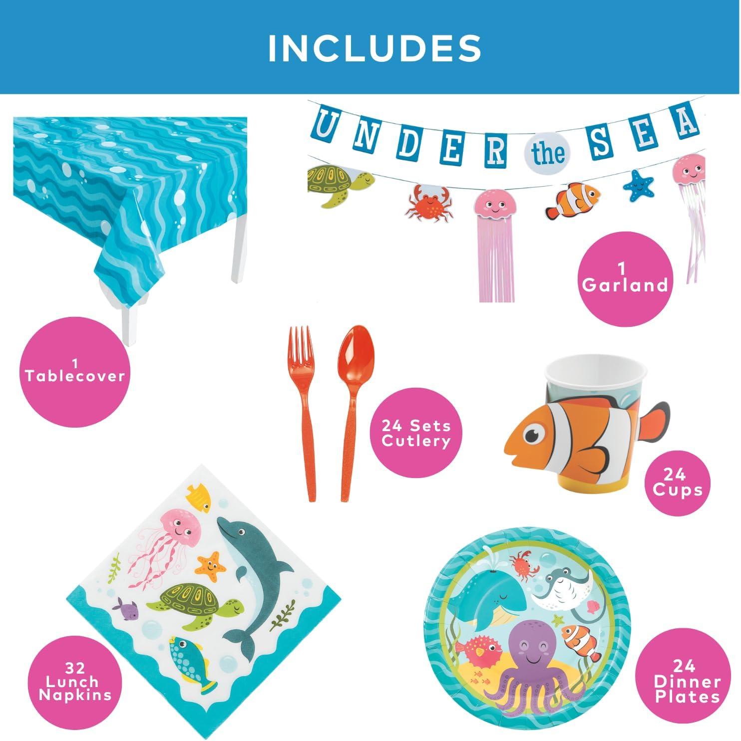 image130 Piece Under The Sea Party Disposable Tableware Kit For 24 Guests Plates Napkins Cups Cutlery Tablecover and Garland Included