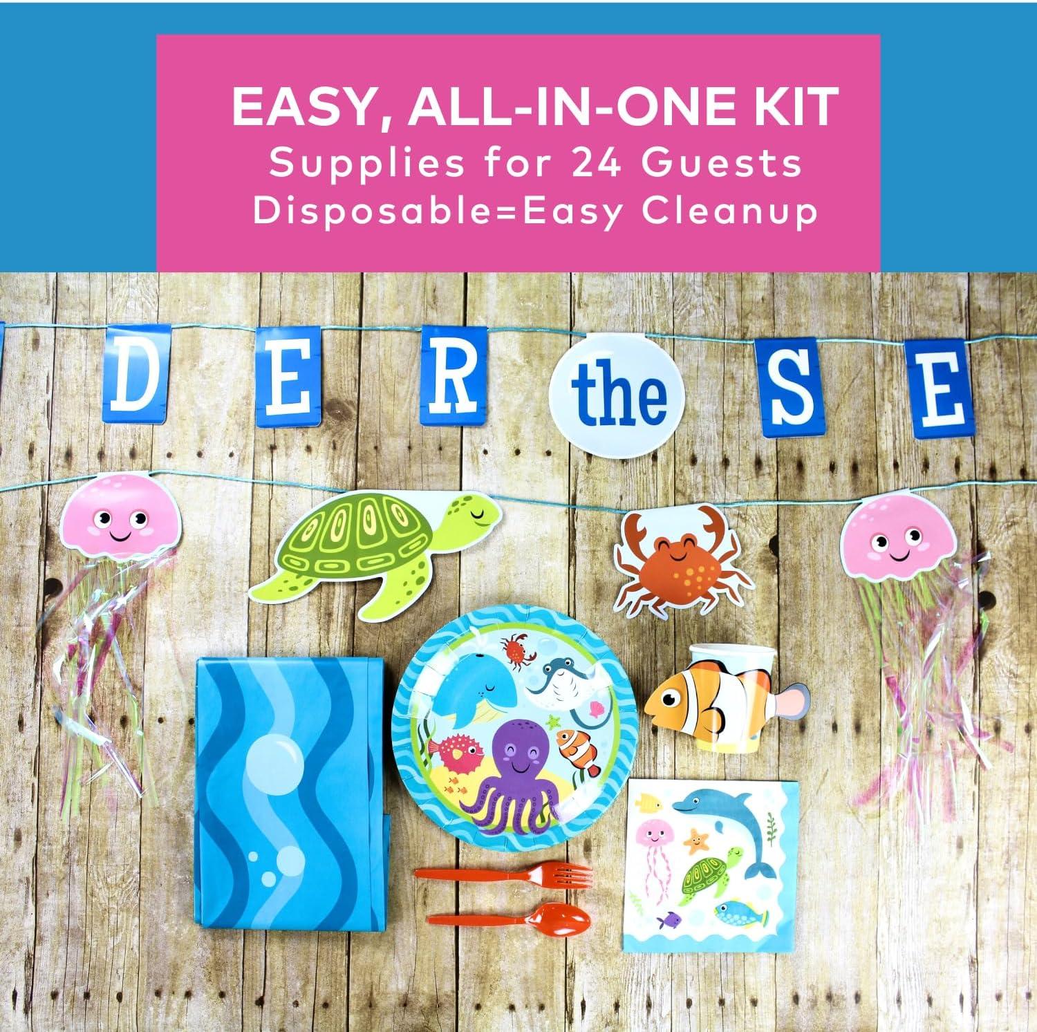 image130 Piece Under The Sea Party Disposable Tableware Kit For 24 Guests Plates Napkins Cups Cutlery Tablecover and Garland Included