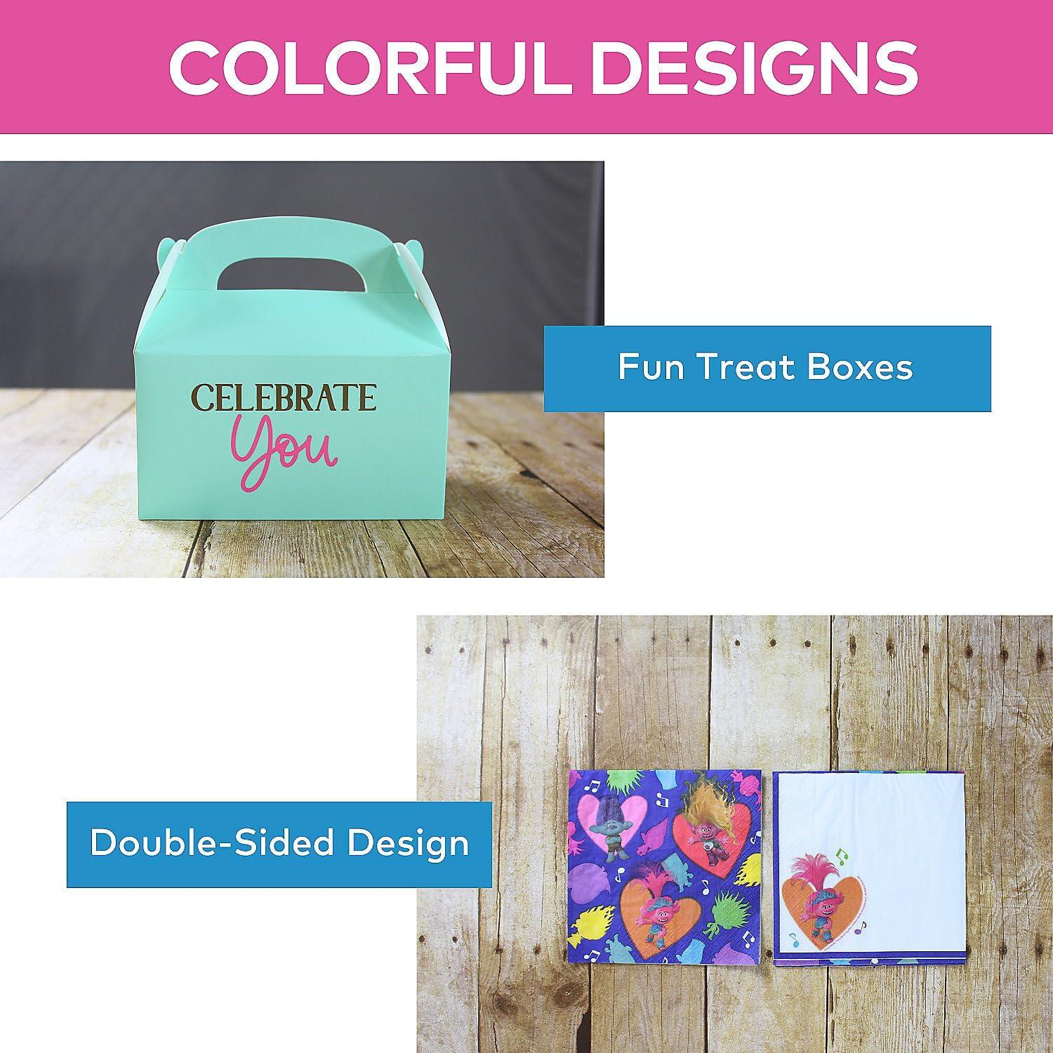 image58 Piece Troll Party Disposable Tableware Kit For 24 Guests Favor Boxes Tablecloth Banner Napkins and Plates Great for Birthdays