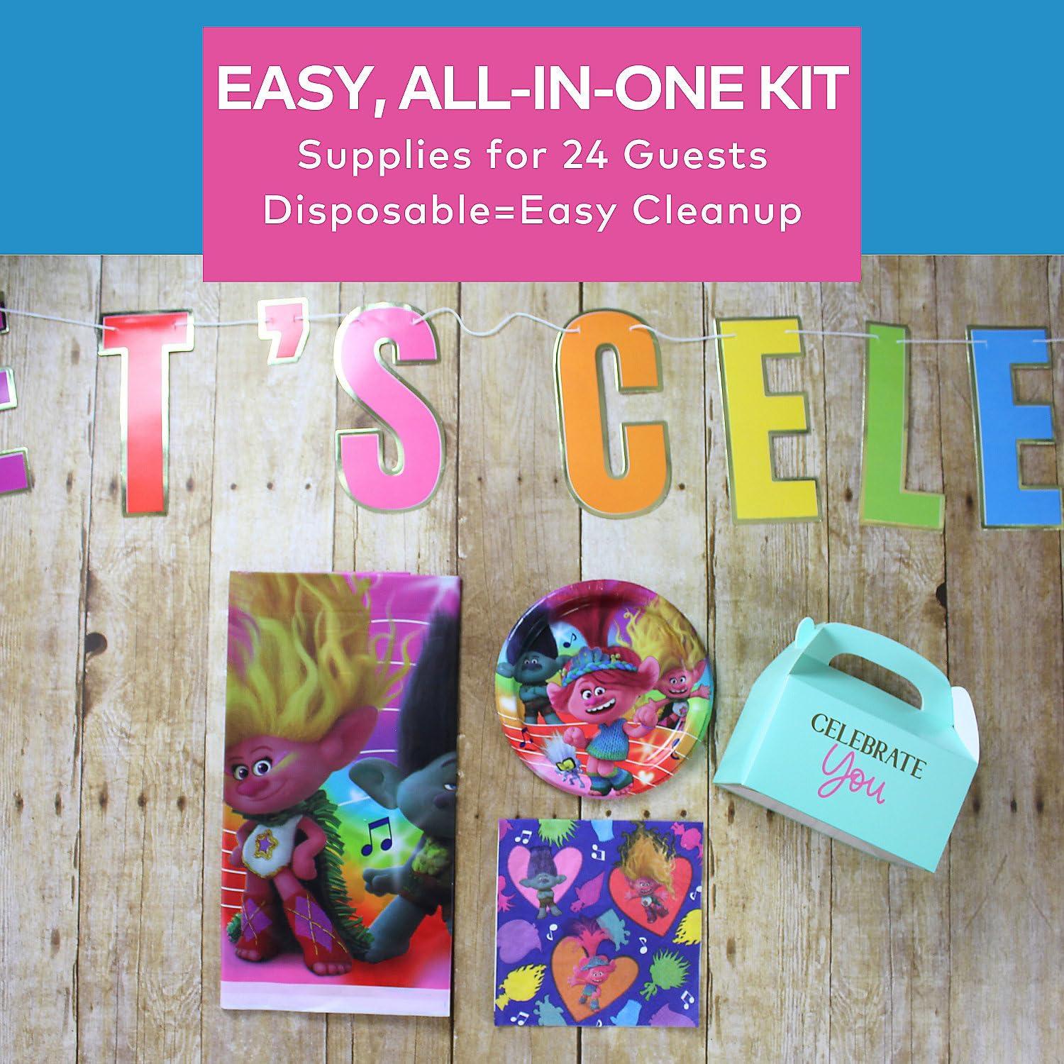 image58 Piece Troll Party Disposable Tableware Kit For 24 Guests Favor Boxes Tablecloth Banner Napkins and Plates Great for Birthdays