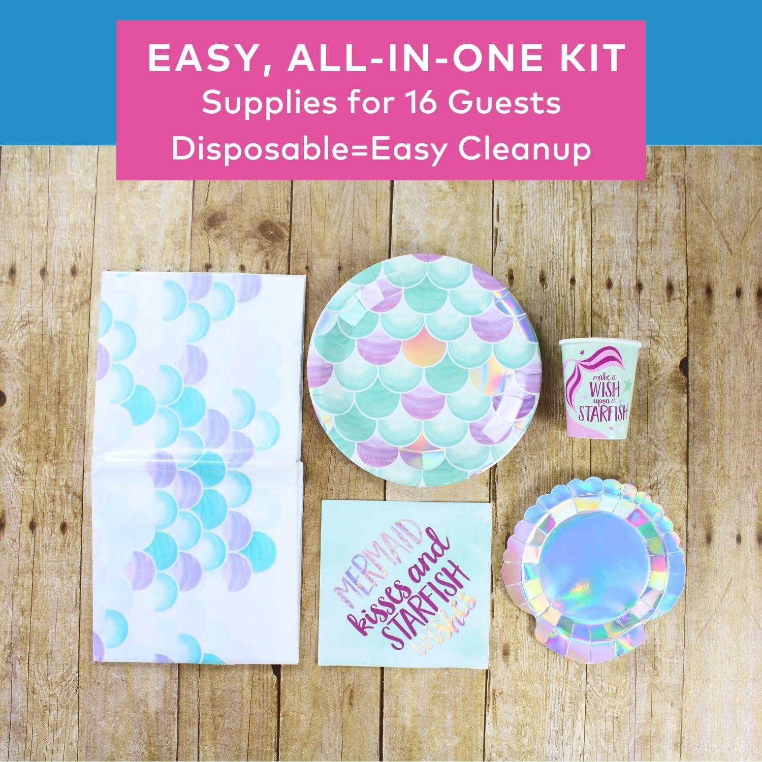 image66 Piece Mermaid Sparkle Party Disposable Tableware Kit For 16 Guests Plates Napkins Cups and Tablecover Included