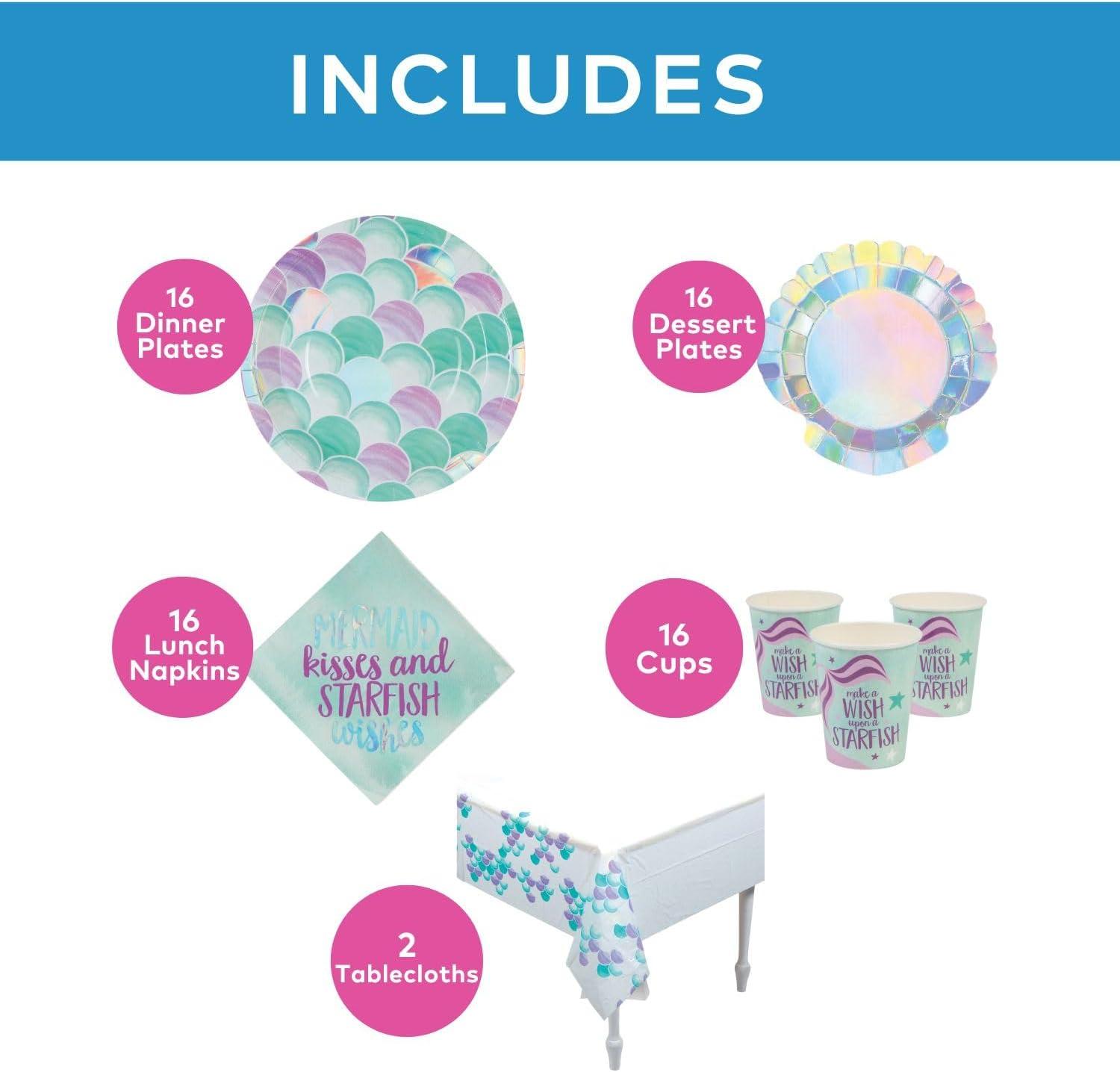 image66 Piece Mermaid Sparkle Party Disposable Tableware Kit For 16 Guests Plates Napkins Cups and Tablecover Included
