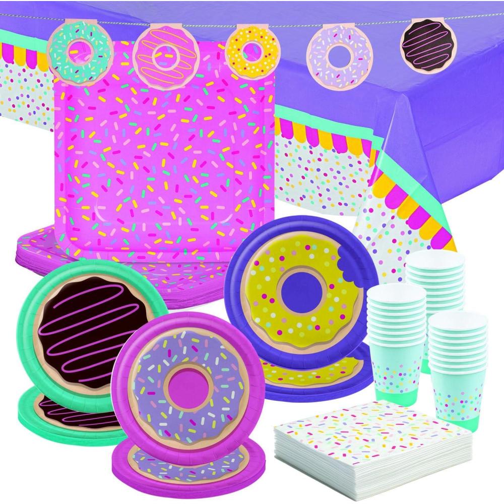 image106 Piece Donut Party Disposable Tableware Kit For 24 Guests Plates Napkins Cups Tablecover and Garland Included