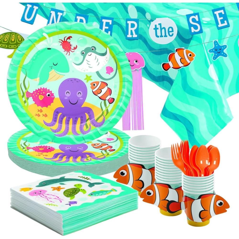 image130 Piece Under The Sea Party Disposable Tableware Kit For 24 Guests Plates Napkins Cups Cutlery Tablecover and Garland Included