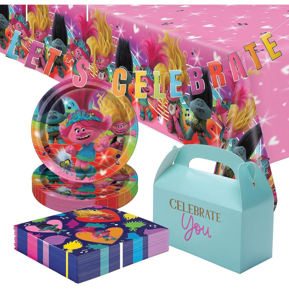 image58 Piece Troll Party Disposable Tableware Kit For 24 Guests Favor Boxes Tablecloth Banner Napkins and Plates Great for Birthdays