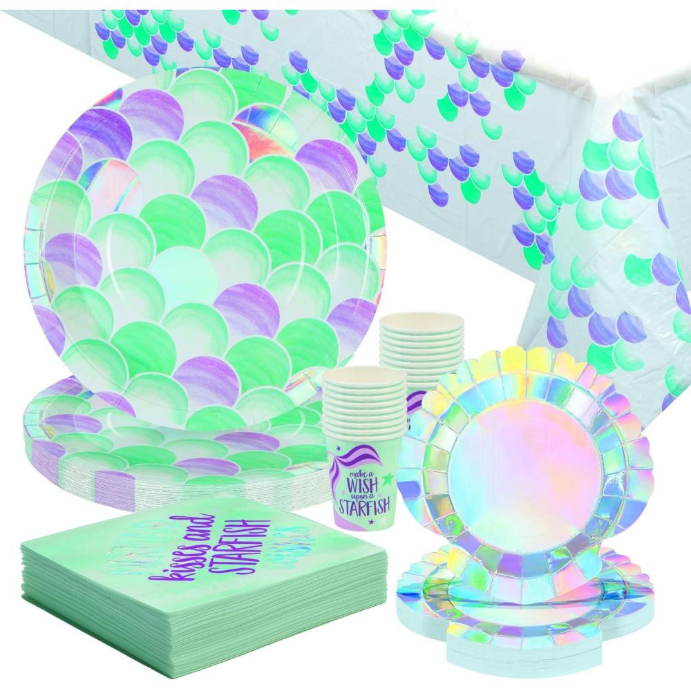 image66 Piece Mermaid Sparkle Party Disposable Tableware Kit For 16 Guests Plates Napkins Cups and Tablecover Included
