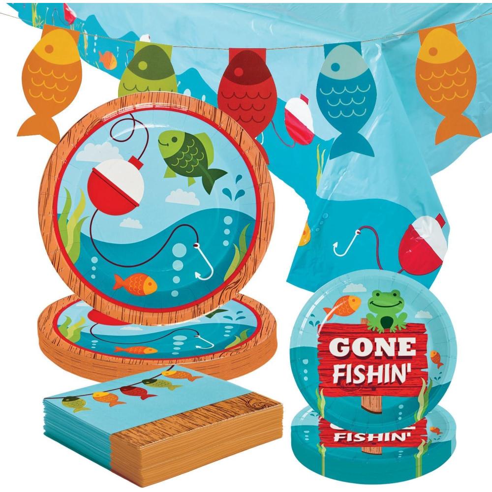 imageFun Express 84 Piece Little Fisherman Party Disposable Tableware Kit for 24 Guests Plates Napkins Tablecloth and Banner Birthday Party Supplies