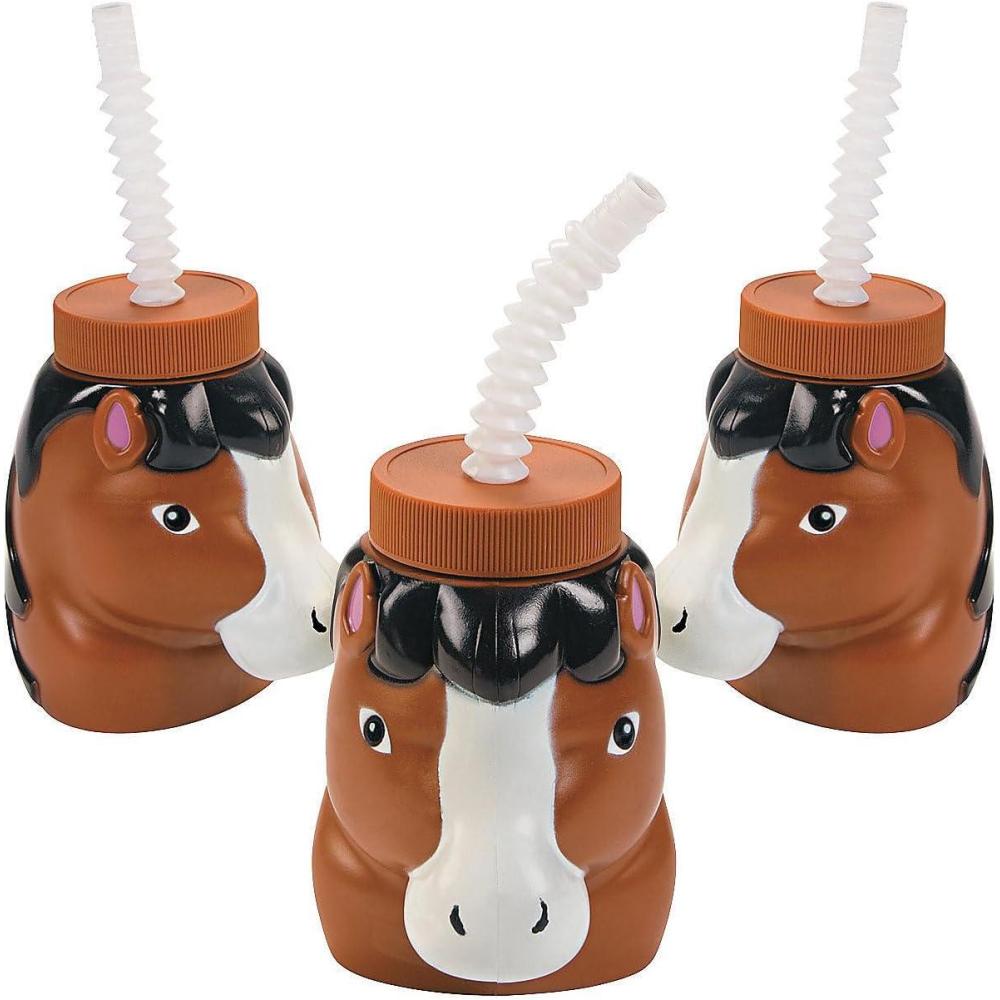 imageFun Express Set of 8 Pieces Horse Shaped Cups with Lids ampamp Straws 4quot Cups with 75quot Straws Holds 14 oz BPA Free Plastic Party Supplies and Favors for Kids MultiColor