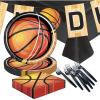 108 Piece Basketball Party Disposable Tableware Kit For 24 Guests, Plates, Forks, Napkins, Garland and Tablecloth, Great for Sport and Birthday Parties