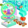 130 Piece Under The Sea Party Disposable Tableware Kit For 24 Guests, Plates, Napkins, Cups, Cutlery, Tablecover and Garland Included