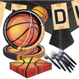 108 Piece Basketball Party Disposable Tableware Kit For 24 Guests, Plates, Forks, Napkins, Garland and Tablecloth, Great for Sport and Birthday Parties