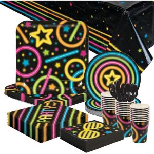 114 Piece Neon Glow Party Disposable Tableware Kit For 16 Guests, Plates, Napkins, Cups, Tablecloth and Silverware, Great for Birthday Parties