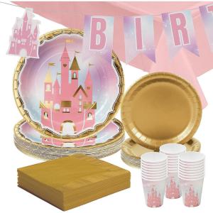 126 Piece Princess Castle Party Disposable Tableware Kit For 24 Guests, Plates, Napkins, Cups, Garland and Tablecloth, Great for Birthday Parties