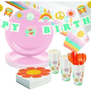 131 Piece Groovy Birthday Party Disposable Tableware Kit for 24 Guests, Napkins, Plates, Cups, Cutlery, Garland and Tablecover Included