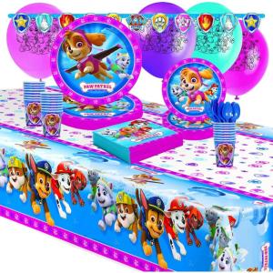 66 Piece Pink Puppy Patrol Party Disposable Tableware Kit For 8 Guests, Plates, Napkins, Cups, Cutlery, Tablecover, Banner and Balloons Included