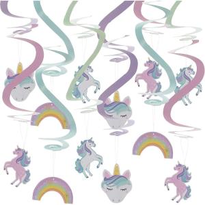 Unicorn Party Cardstock Hanging Swirl Decorations – 20″ (Pack of 12) – Assorted Pastel Rainbow for Birthday Parties, Baby Showers & Magical Celebrations
