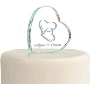 Two Hearts Personalized Wedding Cake Topper – Etched Glass – Custom Wedding Decor and Supplies