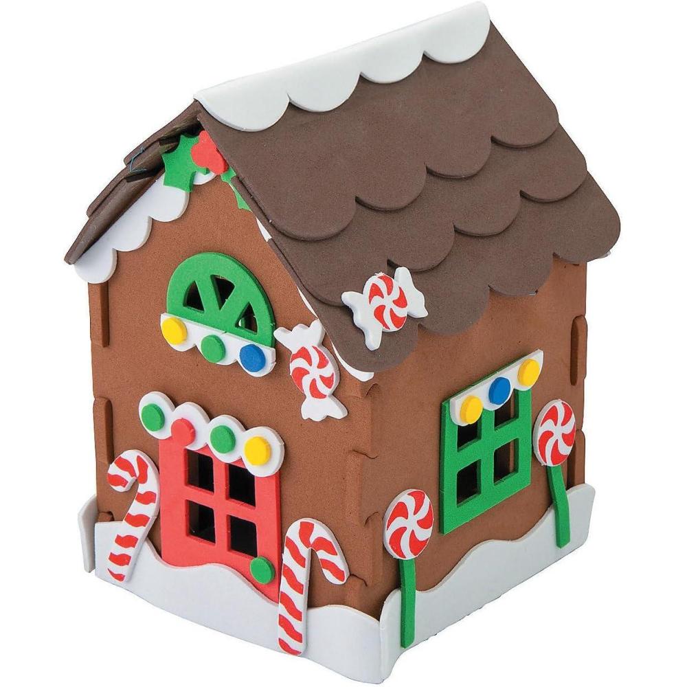 imageFun Express Gingerbread House Kit 3D Christmas Craft  Makes 12 Mini Houses  Foam Decorating Kit for Kids Holiday Activities Classroom Projects ampamp Party Crafts  4quot x 575quot PreCut Easy Assembly