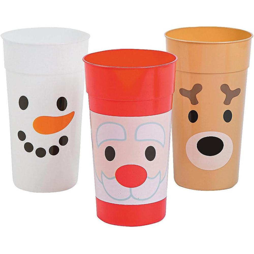 imageFun Express Set of 12 Pieces Holiday Faces Plastic Tumblers Holds 32 oz BPA Free Plastic Christmas Party Supplies MultiColor