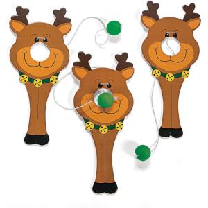 Fun Express Reindeer Nose Catch Paddle Ball Games – Christmas Games, Toys and Stocking Stuffers – 12 Pieces – Wood