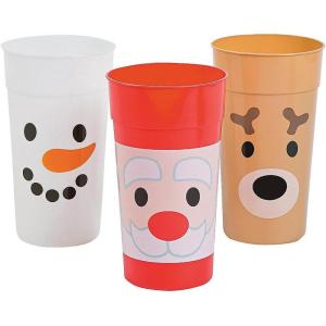 Fun Express Set of 12 Pieces Holiday Faces Plastic Tumblers, Holds 32 oz, BPA Free Plastic, Christmas Party Supplies, Multi-Color