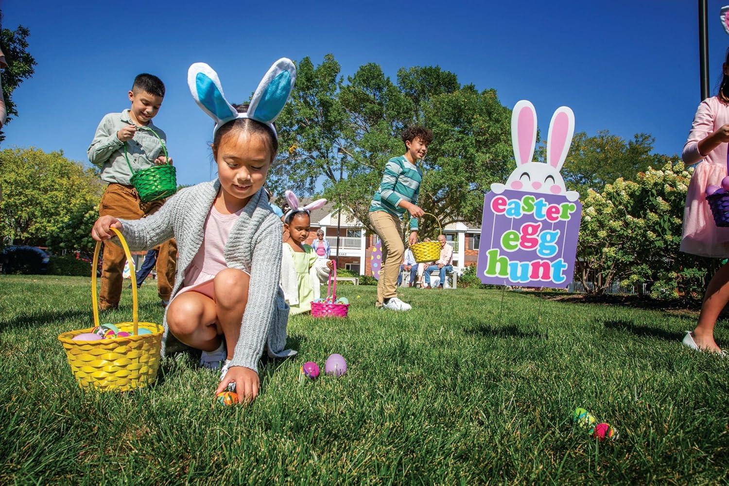 imageFun Express Jumbo Easter Eggs Yard Signs 4Pack Large 18x245 Outdoor Easter Decorations with Stakes WeatherResistant Egg Hunt Signs for Front Yard Lawn ampamp Garden Party Decor