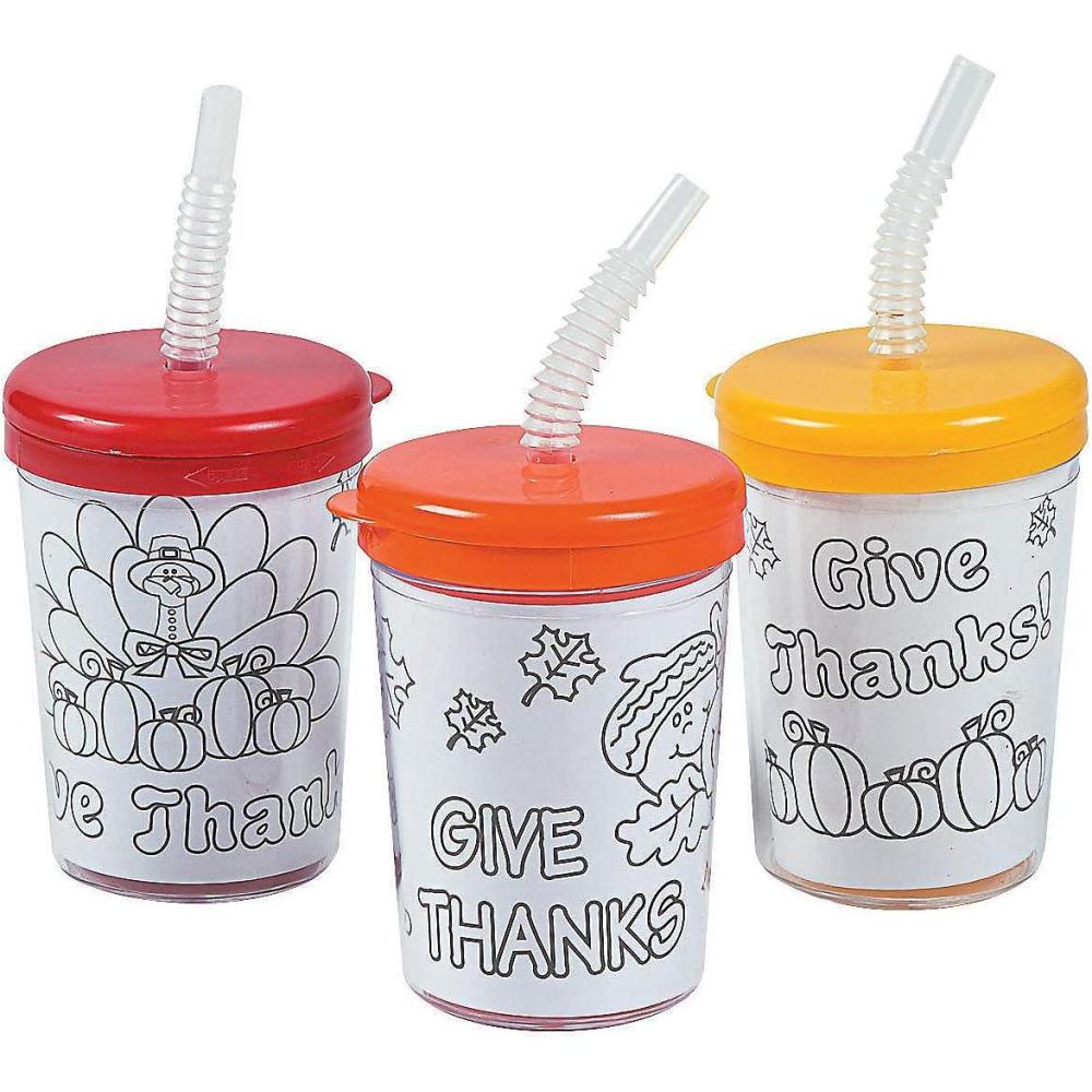 imageFun Express Reusable Give Thanks Color Your Own Cups with Lids 12 Pack 8 oz Thanksgiving Holiday Crafts for Kids