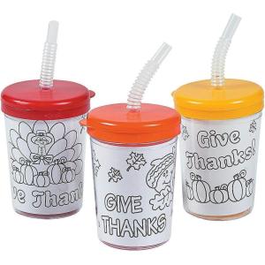 Fun Express Reusable Give Thanks Color Your Own Cups with Lids 12 Pack – 8 oz. – Thanksgiving Holiday Crafts for Kids